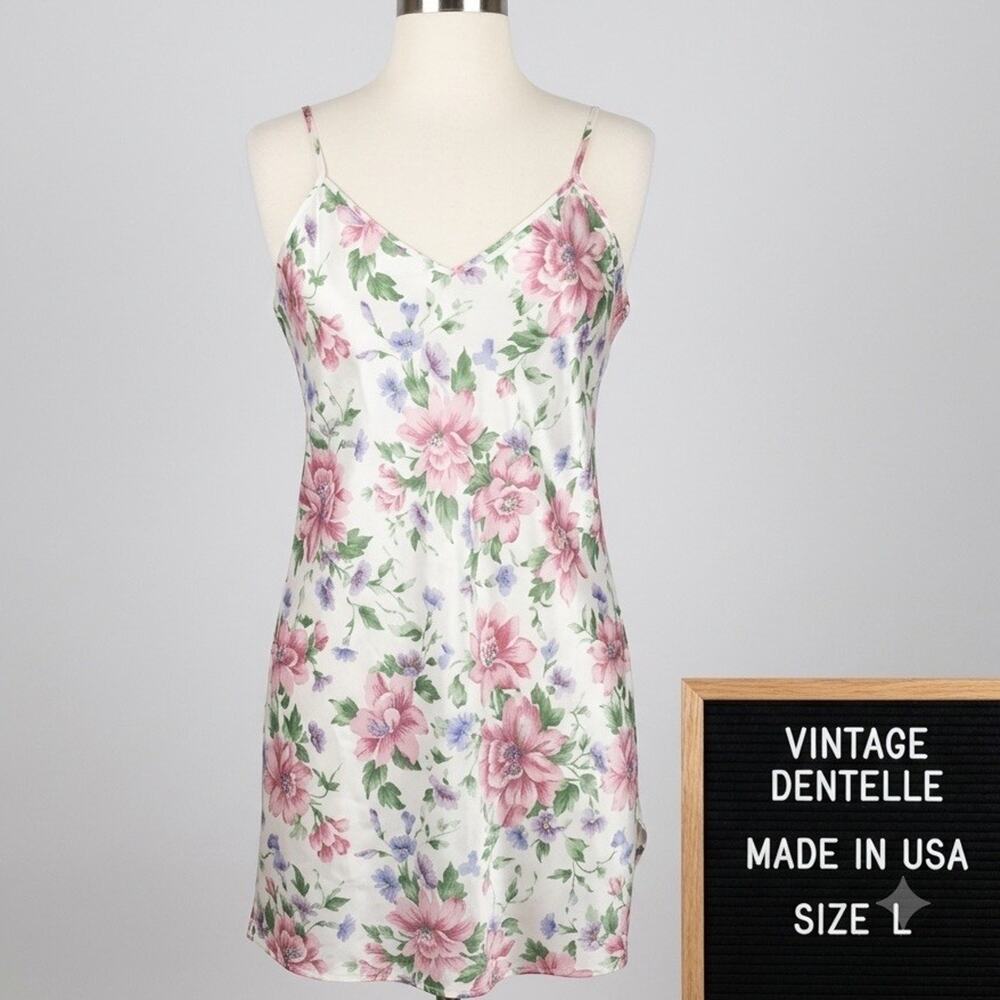 Vintage Dentelle Made in USA Satin Floral Slip Dress Chemise Nightgown L Pink